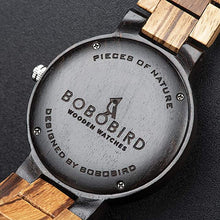 Load image into Gallery viewer, BOBO BIRD Week and Date Multi-Functional Display Men&#39;s Zebra Wooden Quartz Watch Lightweight Handmade Casual Wristwatches with Gift Box
