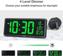 Load image into Gallery viewer, YORTOT 16” Large Digital Wall Clock with Remote Contol and 7 Night Lights, 4 Level Dimmer, Big LED Clock with Indoor Temperature, Date, Wall Mount/Fold Out Stand, Perfect for Home, Office, Gym (Green)
