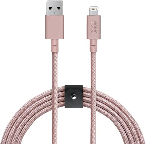 Native Union Belt Cable XL - 10ft Ultra-Strong Reinforced [MFi Certified] Durable Lightning to USB Charging Cable with Leather Strap Compatible with iPhone/iPad (Rose)