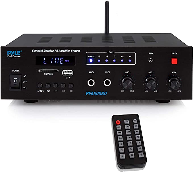Wireless Bluetooth Karaoke Amplifier Home Car Bus Tours 300 Watts 2 Channel Digital Home Audio PA Receiver System 2 Microphone Input Control, FM Radio, USB,12 Volt Power Option Pyle PFA600BU