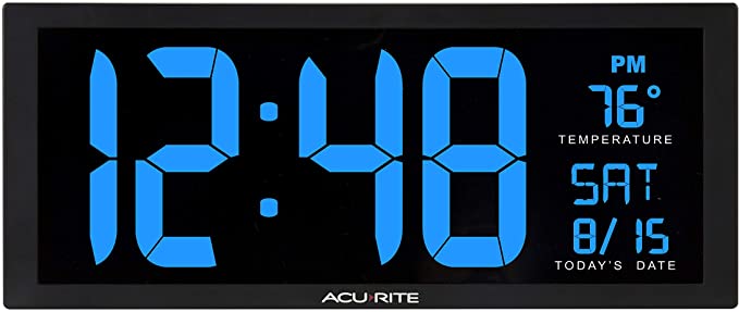 AcuRite 75152M Oversized Blue LED Clock with Indoor Temperature, Date and Fold-Out Stand, 14.5-Inch