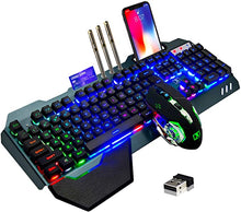 Load image into Gallery viewer, Wireless Gaming Keyboard and Mouse,Rainbow Backlit Rechargeable Keyboard Mouse with 3800mAh Battery Metal Panel,Removable Hand Rest Mechanical Feel Keyboard and 7 Color Gaming Mute Mouse for PC Gamers
