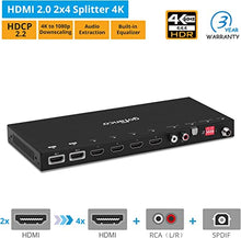 Load image into Gallery viewer, gofanco HDMI 2.0 2x4 Switcher Splitter with Audio Extractor – 4K 60Hz YUV 4:4:4, Auto Downscaling, HDR, HDCP 2.2/1.4, 18Gbps, EDID, Audio Converter to L/R RCA &amp; Toslink, 2 in 4 Out (HDSplit24)

