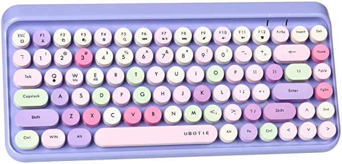 UBOTIE Portable Bluetooth Colorful Computer Keyboards, Wireless Mini Compact Retro Typewriter Flexible 84Keys Design Keyboard (Purple-Colorful)