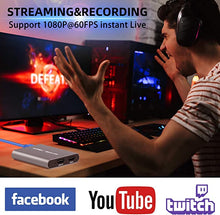 Load image into Gallery viewer, MYPIN 4K 60fps Audio Video HDMI Game Capture, Live Gamer Portable Pass-Through 4K Full HD 1080P 60fps USB3.0 Capture Card Ultra Low Latency Record Stream for Xbox, Playstation, Nintendo Switch
