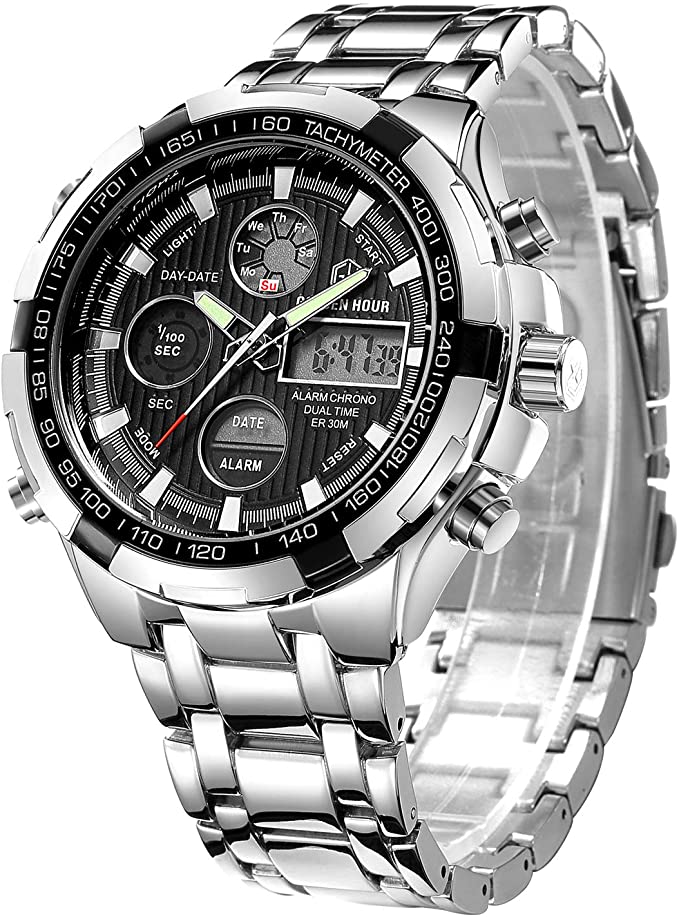 GOLDEN HOUR Luxury Stainless Steel Analog Digital Watches for Men Male Outdoor Sport Waterproof Big Heavy Wristwatch
