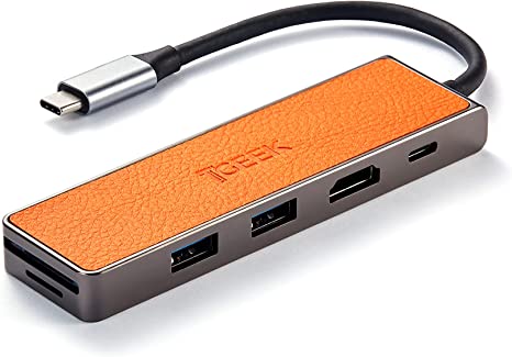 TGEEK PU Leather USB C Hub| 6-in-1 Stylish USB C to HDMI Multiport Adapter with 4K HDMI (@30Hz), 2 USB 3.0 Ports, TF and SD Card Readers| 100W Power Delivery USB C dongle for MacBook & Type C Devices