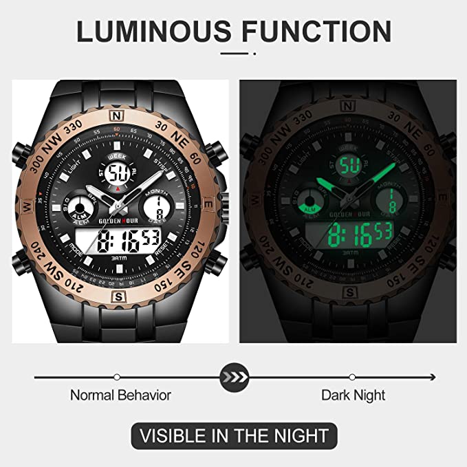 GOLDEN HOUR Luxury Military Sports Men's Watches Large Size Big Face 3ATM  Waterproof, Stopwatch, Date and Date, Alarm, Luminous Digital Analog Wrist