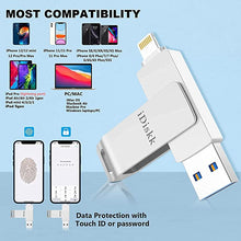 Load image into Gallery viewer, iOS MFi Certified iDiskk 256GB Flash Drive Photo Stick Mobile for iPhone (13/12/12 pro/12 pro max/11/11 Pro/XR/X) Memory Stick iPad External Photo Storage for MacBook/Laptops/ PC Photo Stick
