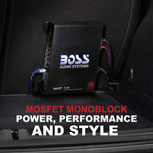 Load image into Gallery viewer, BOSS Audio Systems R1100M Riot Series Car Audio Subwoofer Amplifier - 1100 High Output, Monoblock, Class A/B, 2/4 Ohm Stable, Low/High Level Inputs, Low Pass Crossover, Mosfet Power Supply, Stereo
