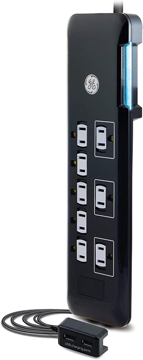 GE UltraPro 8 Outlet Surge Protector, Tethered 2 USB Ports, 4 Ft Power Cord, 2169 Joules, Flat Plug, Power Filter, Circuit Breaker, Warranty, Black, 34117