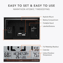 Load image into Gallery viewer, MARATHON Slim Jumbo Atomic Full Calendar Wall Clock with Indoor/Outdoor Temperature. Extra Large 4.5 Inch Digits. Comes with External Probe for Refrigerators (Wood Tone)

