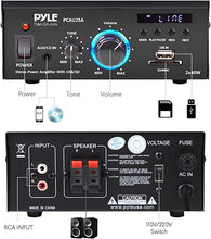 Load image into Gallery viewer, Home Audio Power Amplifier System - 2x40W Dual Channel Mini Theater Power Stereo Sound Receiver Box w/ USB, RCA, AUX, LED, Remote, 12V Adapter - For Speaker, iPhone, Studio Use - Pyle PCAU25A
