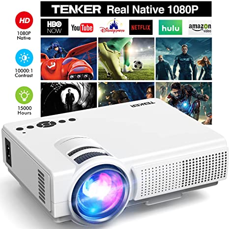 TENKER Native 1080P Projector, 7500L High Brightness Full HD Outdoor Movie Projector, 200