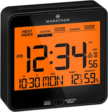 Load image into Gallery viewer, MARATHON Digital Atomic Alarm Clock with Heat and Comfort Index Features Push-Button Backlight, Indoor Temperature, and Calendar/Ideal for Bedside, Desk, and Hotel Use/Batteries Included (Black)
