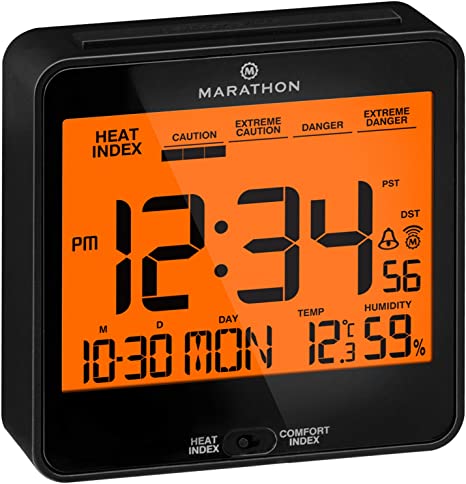 MARATHON Digital Atomic Alarm Clock with Heat and Comfort Index Features Push-Button Backlight, Indoor Temperature, and Calendar/Ideal for Bedside, Desk, and Hotel Use/Batteries Included (Black)