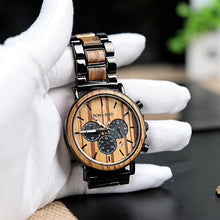 Load image into Gallery viewer, BOBO BIRD Wooden Mens Watches Stylish Wood &amp; Stainless Steel Combined Chronograph Military Quartz Casual Wristwatches
