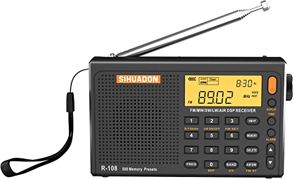 SIHUADON R108 Portable Radio AM FM SW LW Airband Full Band DSP Radio Battery Operated with Headphone Antenna Jack Sleep Time and Alarm Clock 500 Memory Preset Good Gift for Parents by RADIWOW (Black)