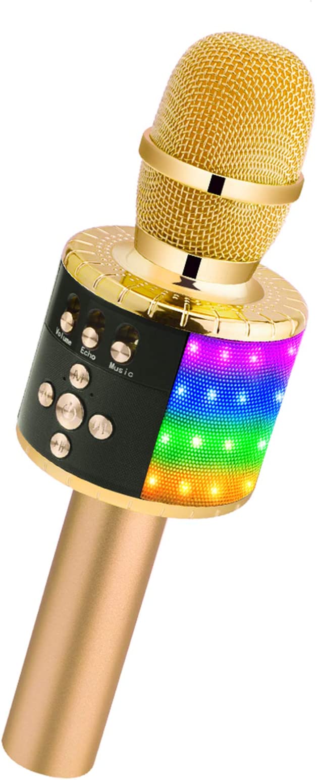 BONAOK Wireless Bluetooth Karaoke Microphone with Controllable LED Lights, Portable Handheld Karaoke Speaker Machine Birthday Home Party for All Smartphone(Q78 Gold)