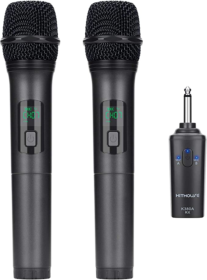 KITHOUSE K380A Wireless Microphone Karaoke Microphone Wireless Mic Dual with Rechargeable Bluetooth Receiver System Set - UHF Handheld Cordless Microphone for Singing Speech Church(Elegant Black)