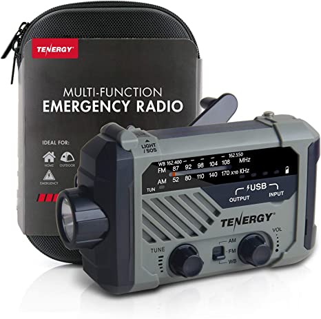 Tenergy Multifunctional Hand Crank Weather Radio with LED Flashlights, SOS Alarm, Cell Phone Charger, AM/FM/NOAA Radio Frequencies, Ideal for Emergencies