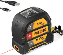 Load image into Gallery viewer, PREXISO 2-in-1 Digital Laser Tape Measure, 135Ft Rechargeable Laser Distance Meter Color Display &amp; 16 Ft AutoLock Measuring Tape with Magnetic Hook, Multi-Measurement Modes Ft/Inch/Fractions/M/mm
