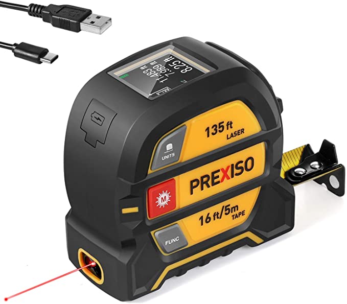 PREXISO 2-in-1 Digital Laser Tape Measure, 135Ft Rechargeable Laser Distance Meter Color Display & 16 Ft AutoLock Measuring Tape with Magnetic Hook, Multi-Measurement Modes Ft/Inch/Fractions/M/mm