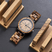 Load image into Gallery viewer, BOBO BIRD Week and Date Multi-Functional Display Men&#39;s Zebra Wooden Quartz Watch Lightweight Handmade Casual Wristwatches with Gift Box
