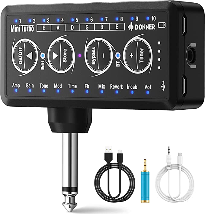 Donner Guitar Headphone Amp, Mini Turbo Headphone Amplifier Guitar, 10 Amp Models with Tuner, Inlay Multi Effects Delay Reverb Chorus Overdrive, USB Export