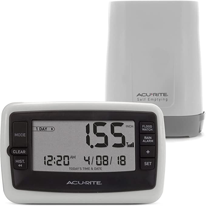 AcuRite Wireless Digital Rain Gauge with Self-Emptying Collector with Rainfall History, Alerts, and Current Date and Time (00899), Multicolor