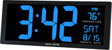 Load image into Gallery viewer, AcuRite 75152M Oversized Blue LED Clock with Indoor Temperature, Date and Fold-Out Stand, 14.5-Inch
