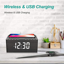 Load image into Gallery viewer, ANJANK Wooden Digital Alarm Clock FM Radio,10W Fast Wireless Charger Station for iPhone/Samsung Galaxy,5 Level Dimmer,USB Charging Port,2 Wake up Sounds,Bedrooms Sleep Timer,Wood LED Clock for Bedside
