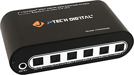 J-Tech Digital Premium Quality SPDIF TOSLINK Digital Optical Audio 4x2 Matrix (Four Inputs Two Outputs)