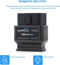 Load image into Gallery viewer, Veepeak OBDCheck BLE OBD2 Bluetooth Scanner Auto OBD II Diagnostic Scan Tool for iOS &amp; Android, Bluetooth 4.0 Car Check Engine Light Code Reader Supports Torque, OBD Fusion app
