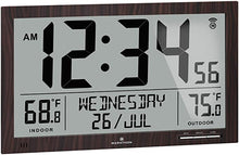 Load image into Gallery viewer, MARATHON Slim Jumbo Atomic Full Calendar Wall Clock with Indoor/Outdoor Temperature. Extra Large 4.5 Inch Digits. Comes with External Probe for Refrigerators (Wood Tone)
