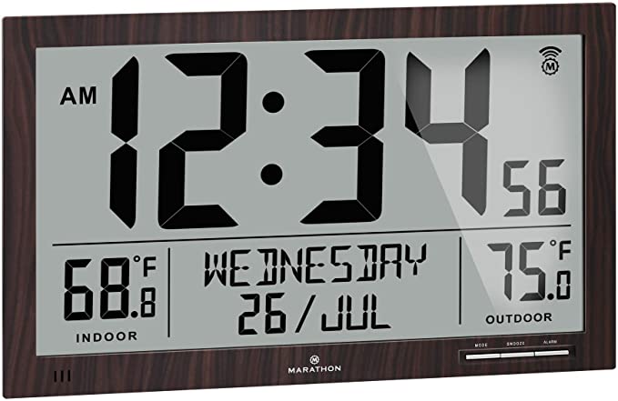 MARATHON Slim Jumbo Atomic Full Calendar Wall Clock with Indoor/Outdoor Temperature. Extra Large 4.5 Inch Digits. Comes with External Probe for Refrigerators (Wood Tone)