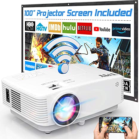 TMY WiFi Projector with 100? Screen, 180 ANSI Brightness [Over 7500 Lumens], 1080P Full HD Enhanced Portable Projector Compatible with TV Stick Smartphone Tablet HDMI USB for Outdoor Movies.
