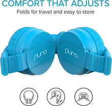 Load image into Gallery viewer, PuroBasic Volume Limiting Wired Headphones for Kids, Boys, Girls 2+ Foldable &amp; Adjustable Headband w/Microphone, Compatible with iPad, iPhone, Android, PC &amp; Mac – by Puro Sound Labs, Blue
