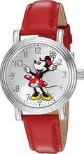 Load image into Gallery viewer, Disney Minnie Mouse Women&#39;s Silver Vintage Alloy Watch, Red Leather Strap, W002760
