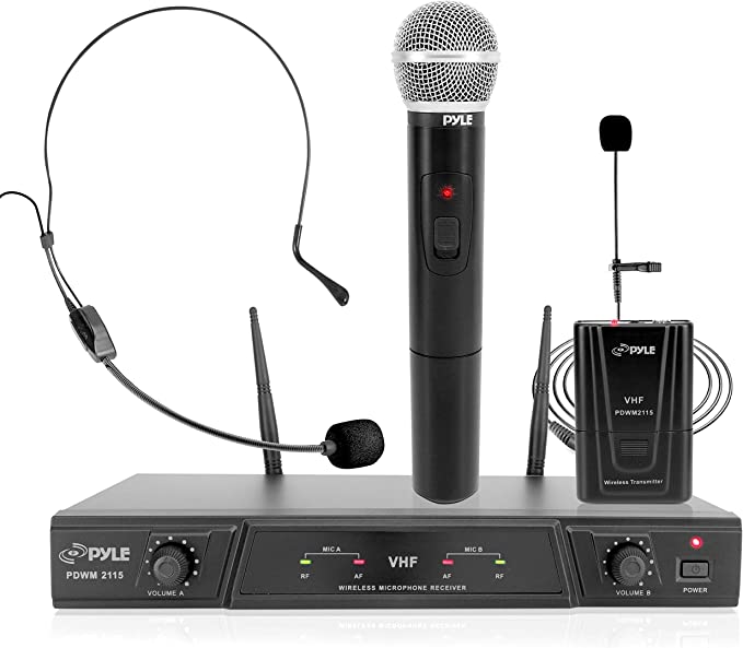 Pyle, 2 Dual Channel Wireless Microphone System-Portable VHF Audio Mic Set with Clip Lavalier Lapel, Handheld, Headset, Transmitter, ?ÆÆ Cable, Power Adapter-for Karaoke, PA DJ Pro PDWM2115, Black