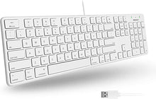 Load image into Gallery viewer, Macally Slim USB Wired Keyboard for Mac and Windows PC - Full Size 104 Key Layout &amp; 16 Shortcut Keys - Compatible Wired Apple Keyboard with Numeric Keypad and Scissor Keycaps for Smooth Typing
