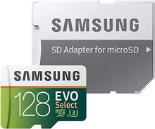 Load image into Gallery viewer, SAMSUNG (MB-ME128GA/AM) 128GB 100MB/s (U3) MicroSDXC EVO Select Memory Card with Full-Size Adapter
