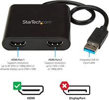 Load image into Gallery viewer, StarTech.com USB 3.0 to Dual HDMI Adapter - 1x 4K 30Hz &amp; 1x 1080p - External Video &amp; Graphics Card - USB Type-A to HDMI Dual Monitor Display Adapter - Supports Windows Only - Black (USB32HD2)

