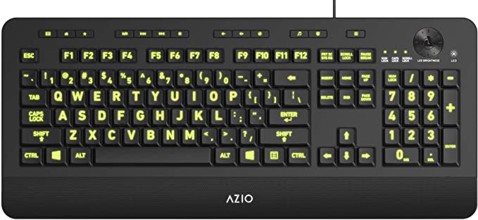 Azio Vision Backlit Computer Keyboard - Wired USB Keyboard with LARGE PRINT keys and 5 Interchangeable Backlight Colors (KB506)