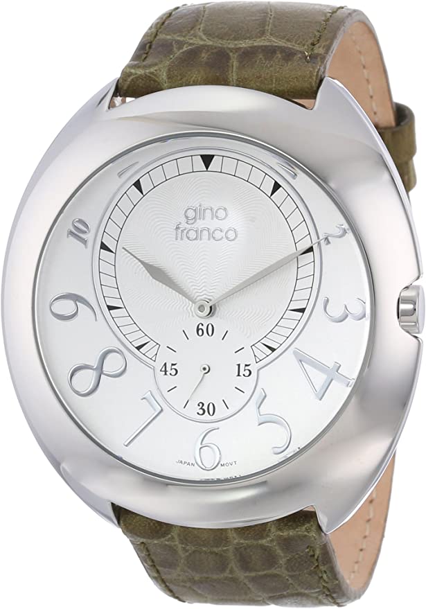 Gino Franco Men's Oversize Round Stainless Steel Watch with Genuine Leather Strap