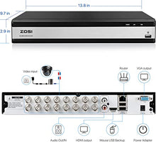 Load image into Gallery viewer, ZOSI H.265+ 16Channel Full 1080P Video Security DVR Recorder with 2TB Hard Drive,16CH Hybrid 4-in-1 Surveillance CCTV DVR for 960H/CVI/TVI/AHD Home Security Cameras system,Remote View,Motion Detection
