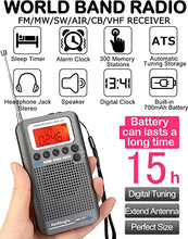 Load image into Gallery viewer, HanRongDa CB Radio Portable VHF FM AM Shortwave with Speaker and Backlit, Air Band Receiver with Extend Antenna and 700mAh Battery, Full Band Digital Radios with Alarm Clock and Sleep Timer HRD-737
