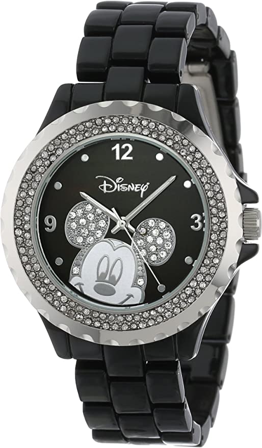 Disney Women's 56270-1B Mickey Mouse Rhinestone-Accented Black-Enamel Sparkle Watch