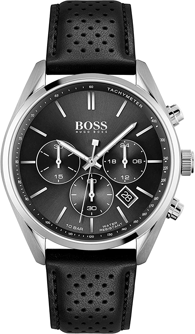 BOSS Black Men's Stainless Steel Quartz Watch with Leather Strap, Black, 22 (Model: 1513816)