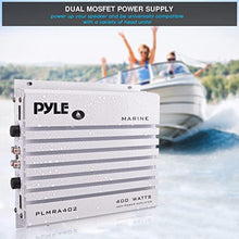 Load image into Gallery viewer, Pyle Hydra Marine Amplifier - Upgraded Elite Series 400 Watt 4 Channel Audio Amplifier - Waterproof, Dual MOSFET Power Supply, GAIN Level Controls, RCA Stereo Input &amp; LED Indicator - PLMRA402
